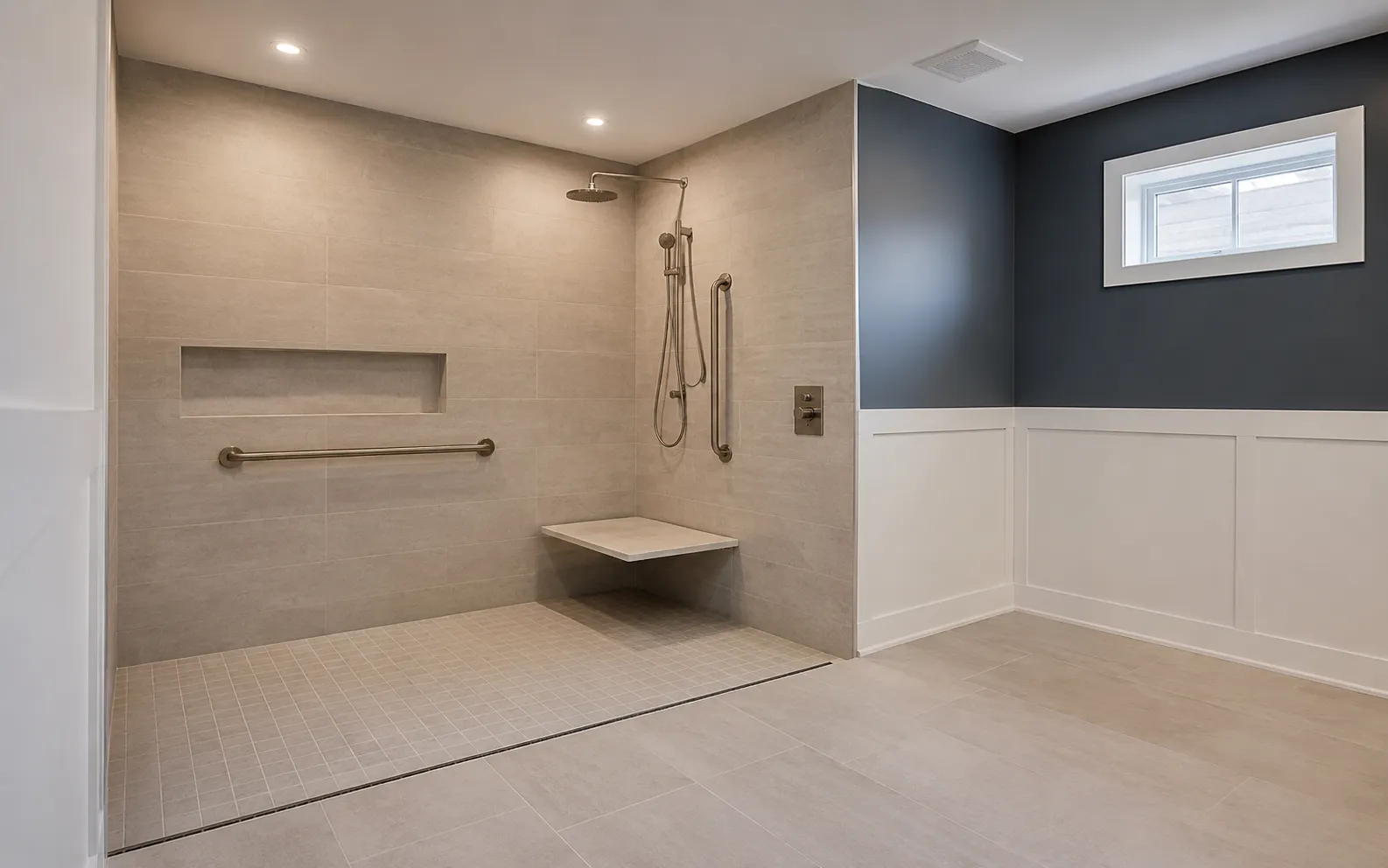 Accessible wet-room bathroom with grab bars and a zero-threshold shower in an Ottawa in-law suite basement