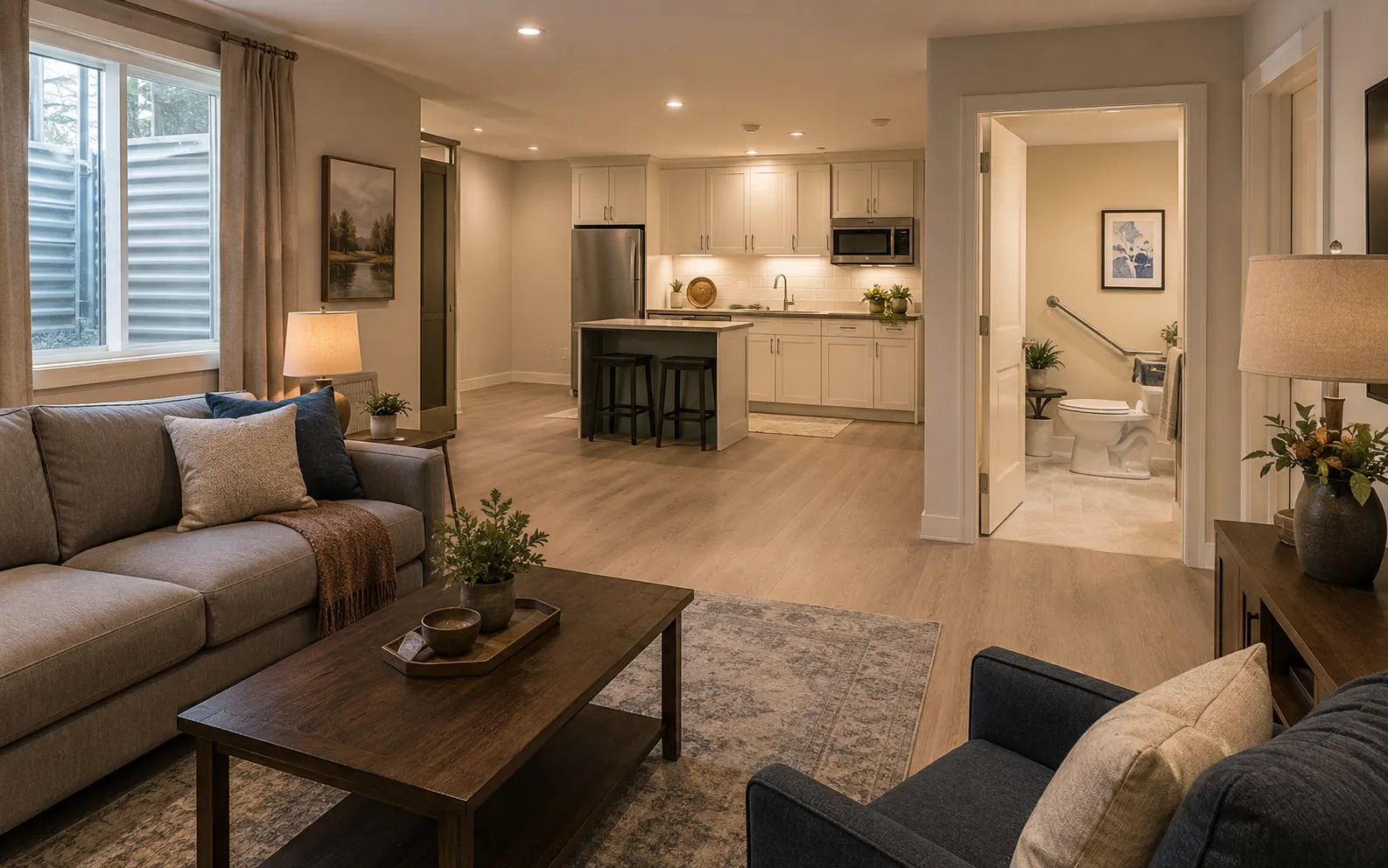 In-law basement suite studio living space in an Ottawa home, accessible ramp-free layout for an older adult