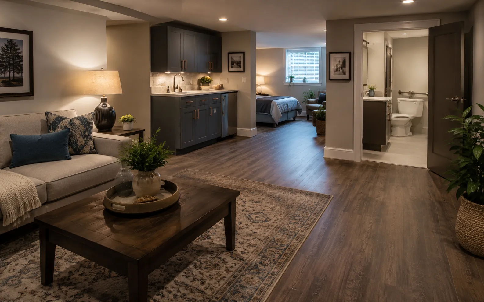 Legal basement suite living area in an Ottawa home, built to City of Ottawa code for fire separation and egress